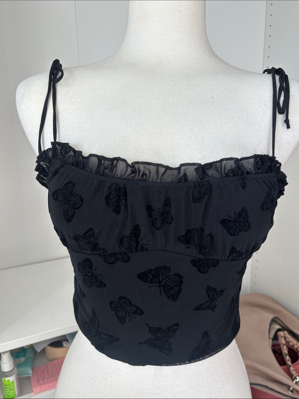 Motel Rocks Black Mesh Butterfly Crop Top